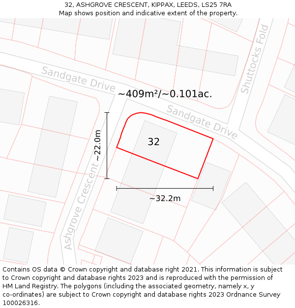 32, ASHGROVE CRESCENT, KIPPAX, LEEDS, LS25 7RA: Plot and title map