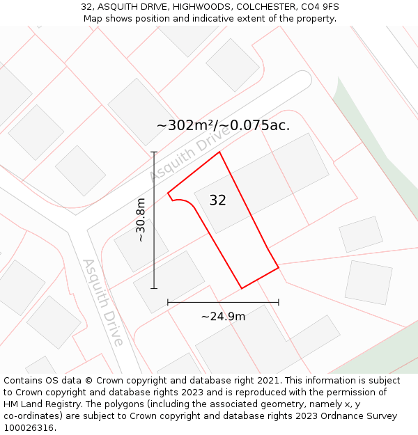 32, ASQUITH DRIVE, HIGHWOODS, COLCHESTER, CO4 9FS: Plot and title map