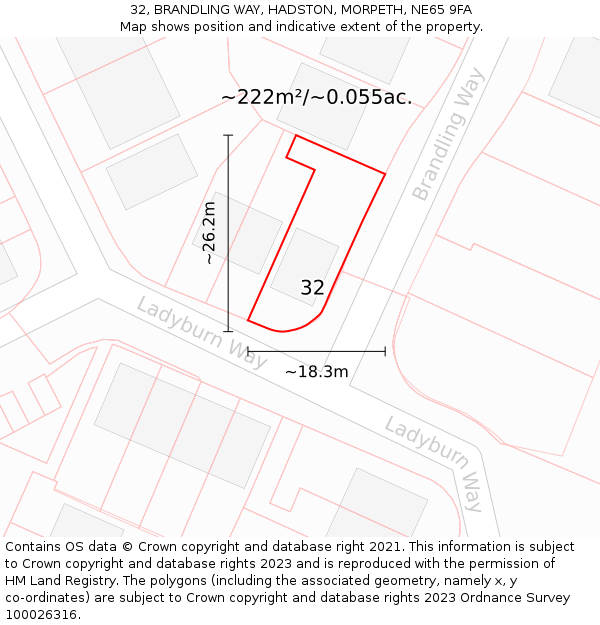 32, BRANDLING WAY, HADSTON, MORPETH, NE65 9FA: Plot and title map