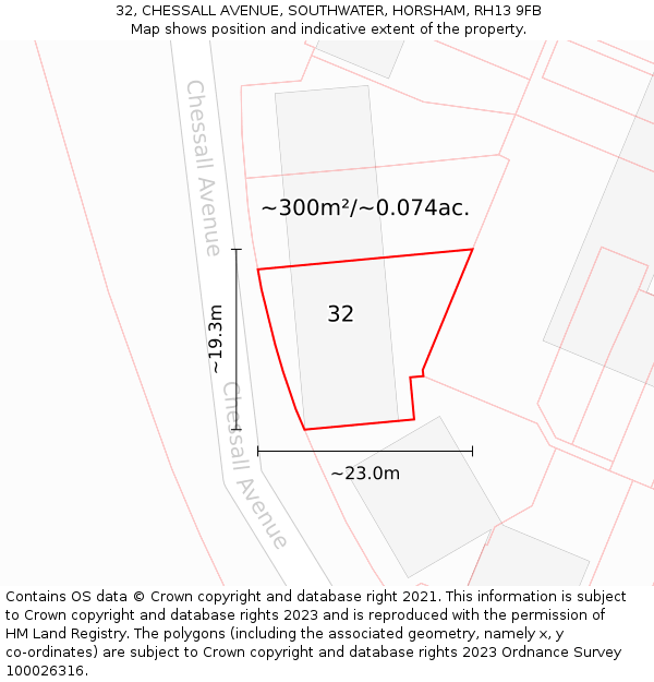 32, CHESSALL AVENUE, SOUTHWATER, HORSHAM, RH13 9FB: Plot and title map