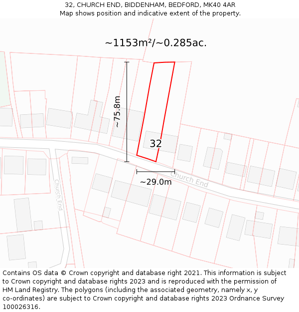 32, CHURCH END, BIDDENHAM, BEDFORD, MK40 4AR: Plot and title map