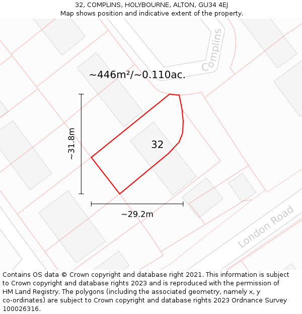 32, COMPLINS, HOLYBOURNE, ALTON, GU34 4EJ: Plot and title map