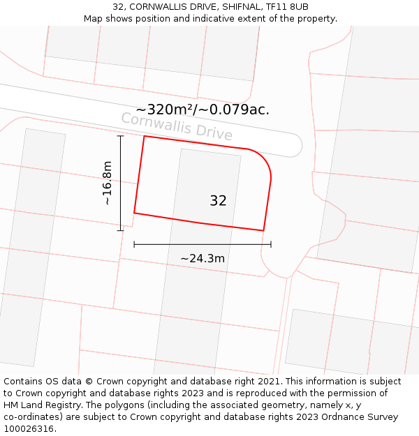 32, CORNWALLIS DRIVE, SHIFNAL, TF11 8UB: Plot and title map