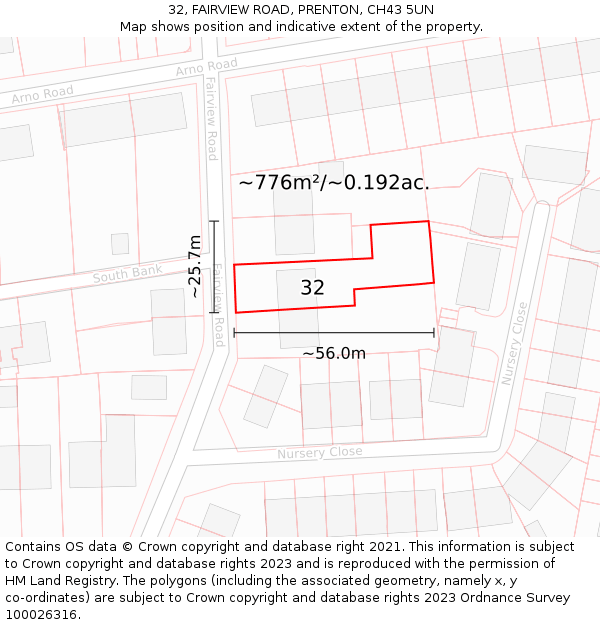 32, FAIRVIEW ROAD, PRENTON, CH43 5UN: Plot and title map