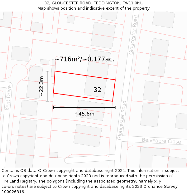 32, GLOUCESTER ROAD, TEDDINGTON, TW11 0NU: Plot and title map