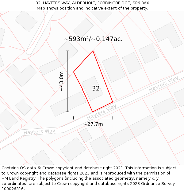 32, HAYTERS WAY, ALDERHOLT, FORDINGBRIDGE, SP6 3AX: Plot and title map