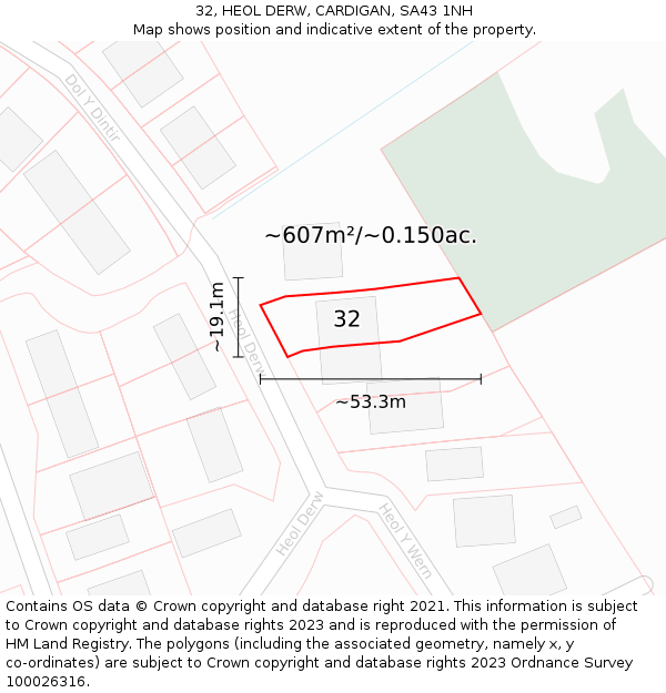 32, HEOL DERW, CARDIGAN, SA43 1NH: Plot and title map