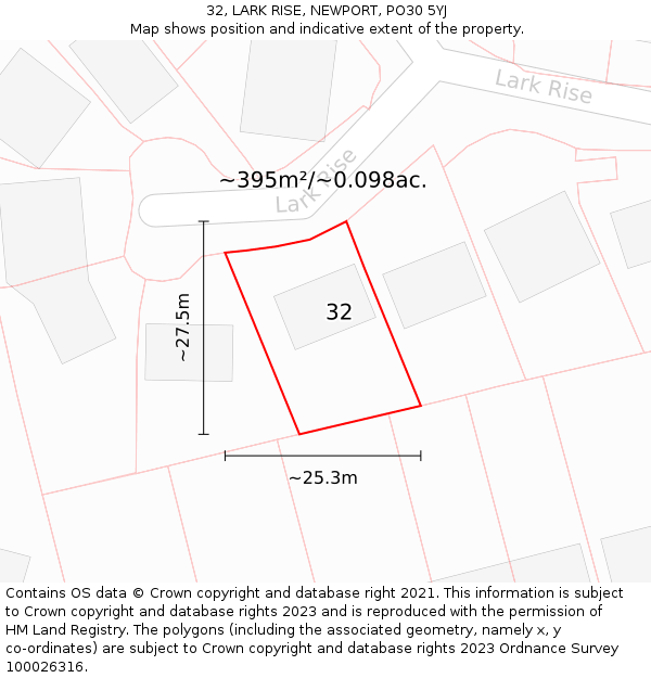 32, LARK RISE, NEWPORT, PO30 5YJ: Plot and title map