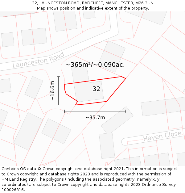 32, LAUNCESTON ROAD, RADCLIFFE, MANCHESTER, M26 3UN: Plot and title map