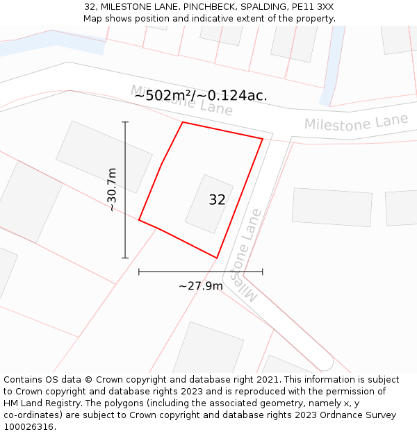 32, MILESTONE LANE, PINCHBECK, SPALDING, PE11 3XX: Plot and title map