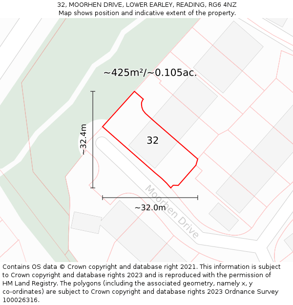 32, MOORHEN DRIVE, LOWER EARLEY, READING, RG6 4NZ: Plot and title map