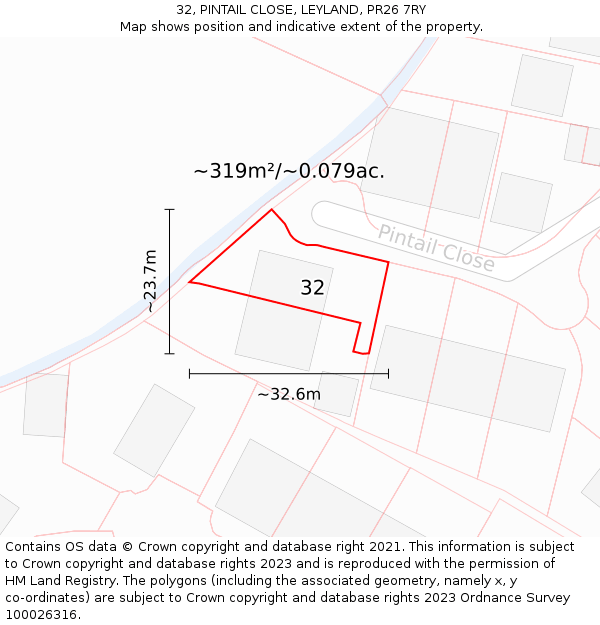 32, PINTAIL CLOSE, LEYLAND, PR26 7RY: Plot and title map