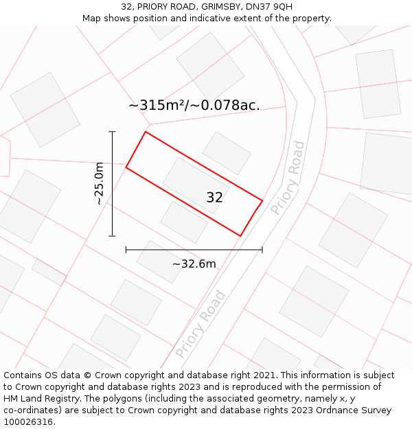 32, PRIORY ROAD, GRIMSBY, DN37 9QH: Plot and title map