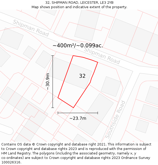 32, SHIPMAN ROAD, LEICESTER, LE3 2YB: Plot and title map