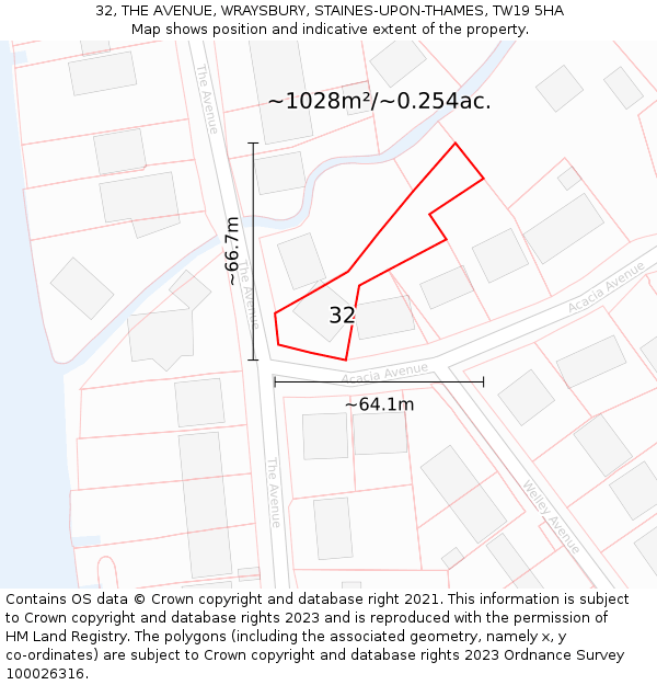 32, THE AVENUE, WRAYSBURY, STAINES-UPON-THAMES, TW19 5HA: Plot and title map