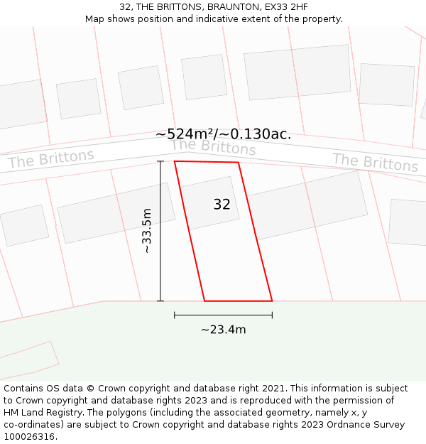 32, THE BRITTONS, BRAUNTON, EX33 2HF: Plot and title map