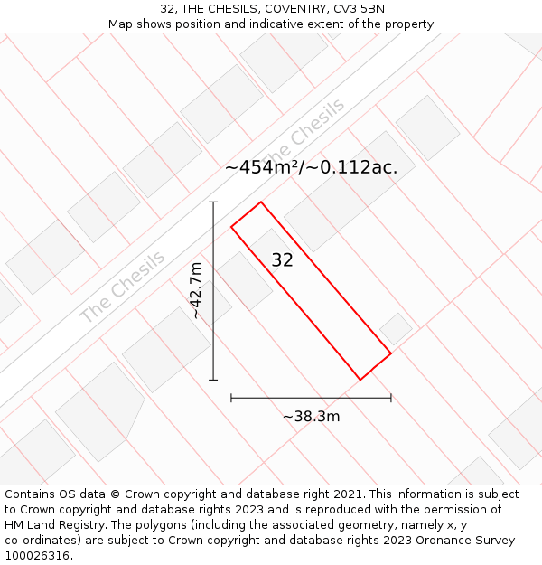 32, THE CHESILS, COVENTRY, CV3 5BN: Plot and title map