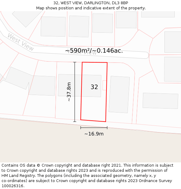 32, WEST VIEW, DARLINGTON, DL3 8BP: Plot and title map