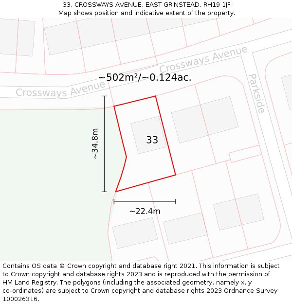 33, CROSSWAYS AVENUE, EAST GRINSTEAD, RH19 1JF: Plot and title map