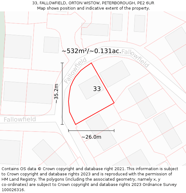 33, FALLOWFIELD, ORTON WISTOW, PETERBOROUGH, PE2 6UR: Plot and title map