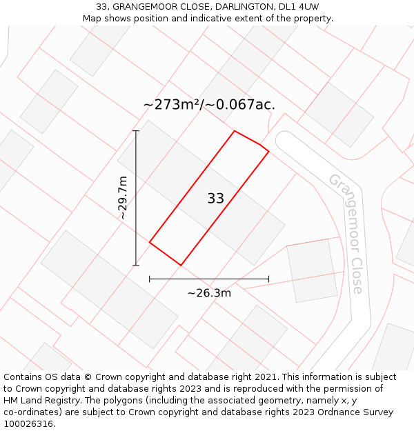 33, GRANGEMOOR CLOSE, DARLINGTON, DL1 4UW: Plot and title map