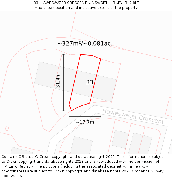 33, HAWESWATER CRESCENT, UNSWORTH, BURY, BL9 8LT: Plot and title map