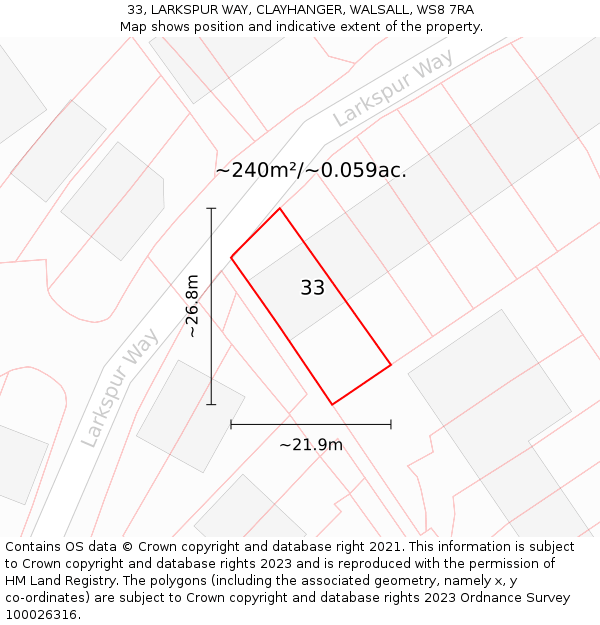 33, LARKSPUR WAY, CLAYHANGER, WALSALL, WS8 7RA: Plot and title map