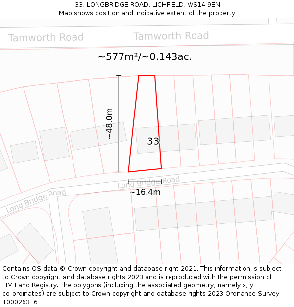 33, LONGBRIDGE ROAD, LICHFIELD, WS14 9EN: Plot and title map