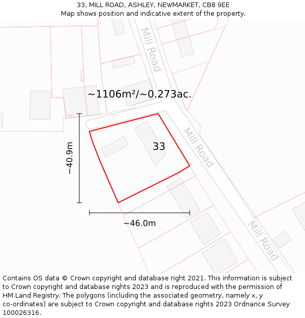 33, MILL ROAD, ASHLEY, NEWMARKET, CB8 9EE: Plot and title map