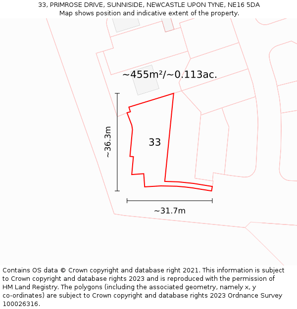 33, PRIMROSE DRIVE, SUNNISIDE, NEWCASTLE UPON TYNE, NE16 5DA: Plot and title map