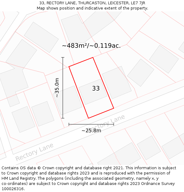 33, RECTORY LANE, THURCASTON, LEICESTER, LE7 7JR: Plot and title map