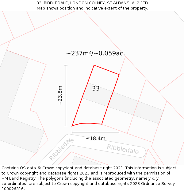 33, RIBBLEDALE, LONDON COLNEY, ST ALBANS, AL2 1TD: Plot and title map