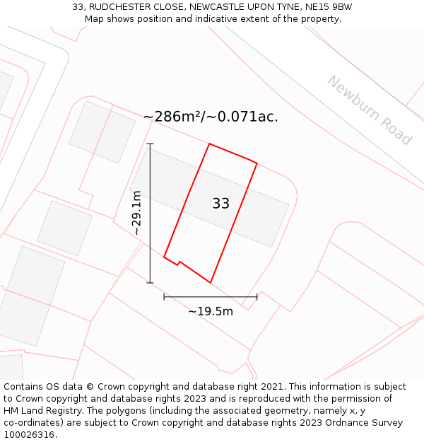 33, RUDCHESTER CLOSE, NEWCASTLE UPON TYNE, NE15 9BW: Plot and title map