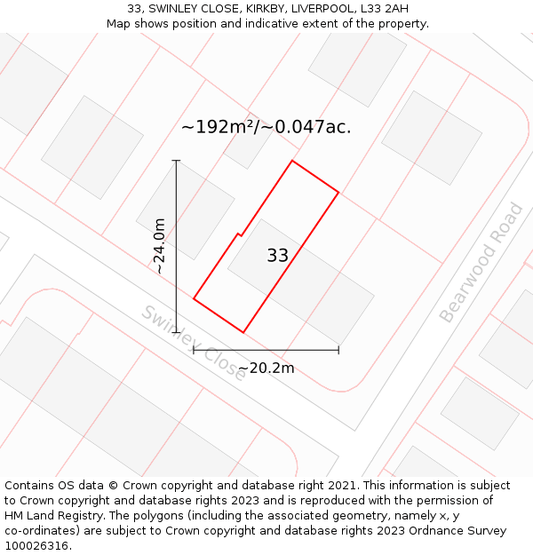 33, SWINLEY CLOSE, KIRKBY, LIVERPOOL, L33 2AH: Plot and title map