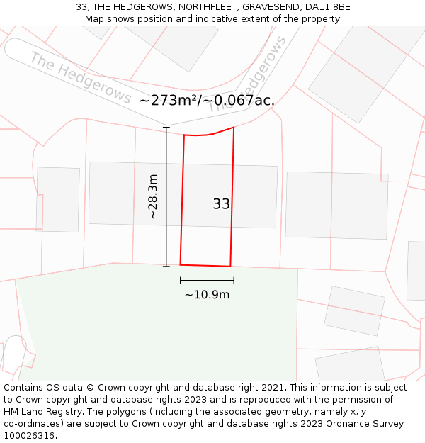 33, THE HEDGEROWS, NORTHFLEET, GRAVESEND, DA11 8BE: Plot and title map