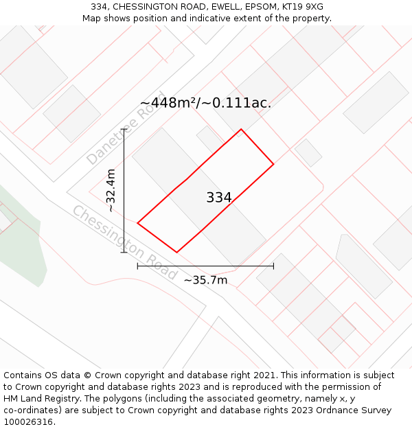 334, CHESSINGTON ROAD, EWELL, EPSOM, KT19 9XG: Plot and title map