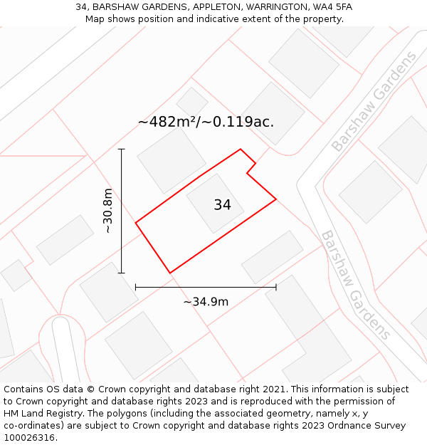 34, BARSHAW GARDENS, APPLETON, WARRINGTON, WA4 5FA: Plot and title map