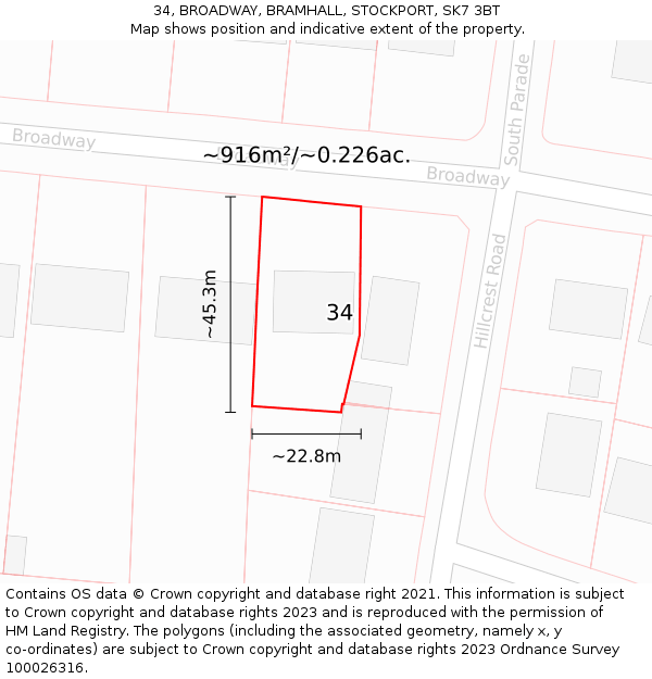 34, BROADWAY, BRAMHALL, STOCKPORT, SK7 3BT: Plot and title map