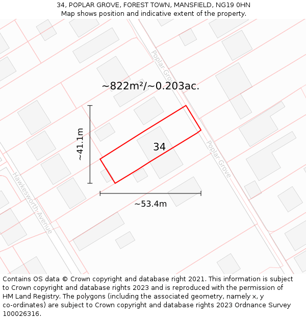 34, POPLAR GROVE, FOREST TOWN, MANSFIELD, NG19 0HN: Plot and title map