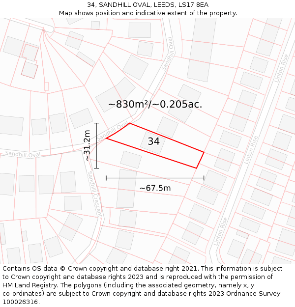 34, SANDHILL OVAL, LEEDS, LS17 8EA: Plot and title map