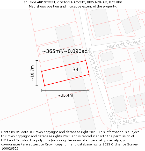 34, SKYLARK STREET, COFTON HACKETT, BIRMINGHAM, B45 8FP: Plot and title map