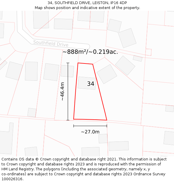 34, SOUTHFIELD DRIVE, LEISTON, IP16 4DP: Plot and title map