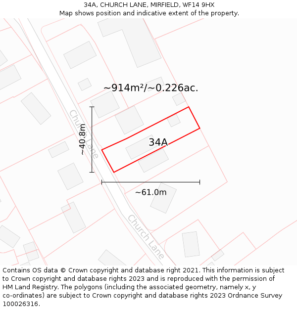 34A, CHURCH LANE, MIRFIELD, WF14 9HX: Plot and title map