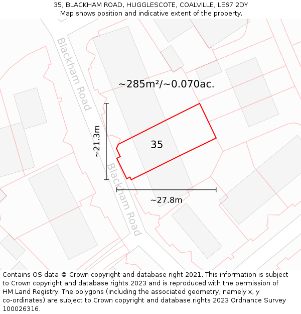 35, BLACKHAM ROAD, HUGGLESCOTE, COALVILLE, LE67 2DY: Plot and title map