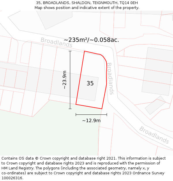 35, BROADLANDS, SHALDON, TEIGNMOUTH, TQ14 0EH: Plot and title map