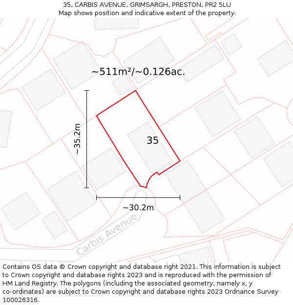 35, CARBIS AVENUE, GRIMSARGH, PRESTON, PR2 5LU: Plot and title map