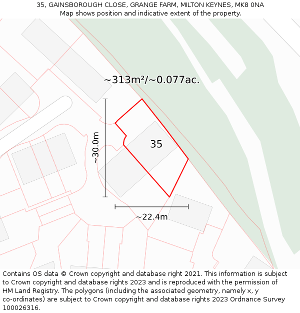 35, GAINSBOROUGH CLOSE, GRANGE FARM, MILTON KEYNES, MK8 0NA: Plot and title map