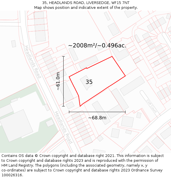 35, HEADLANDS ROAD, LIVERSEDGE, WF15 7NT: Plot and title map