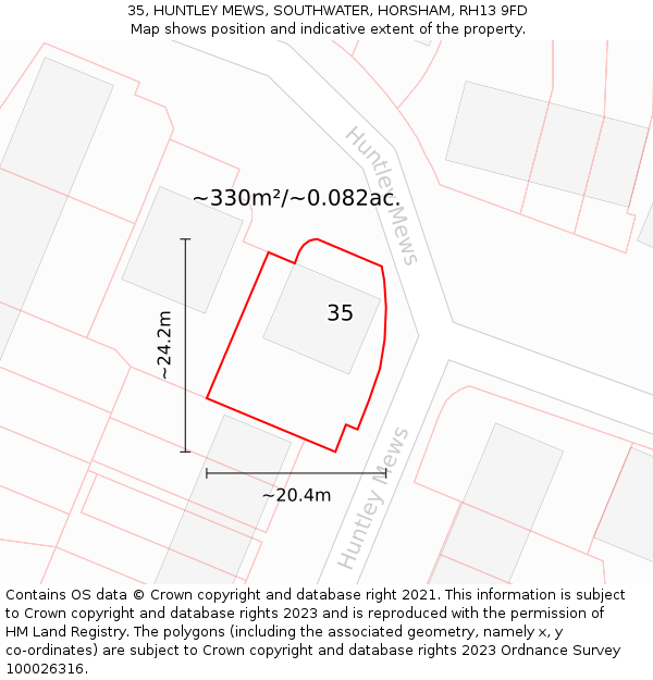 35, HUNTLEY MEWS, SOUTHWATER, HORSHAM, RH13 9FD: Plot and title map