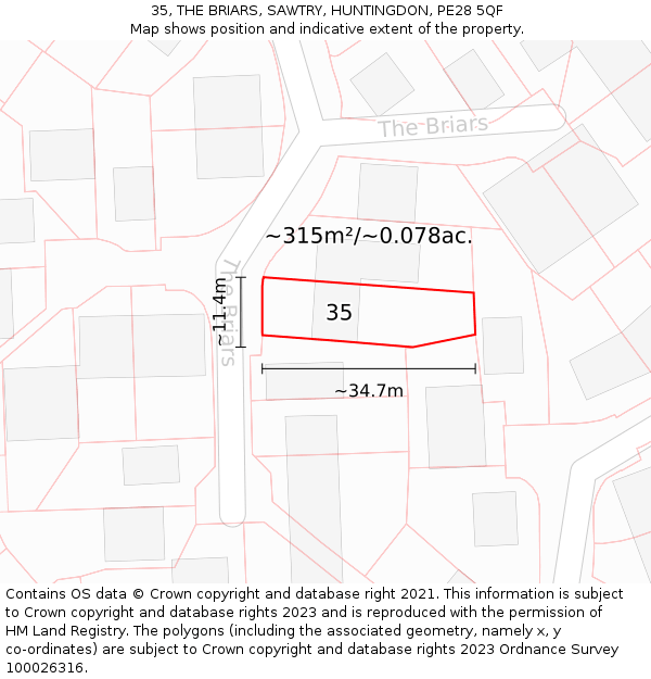 35, THE BRIARS, SAWTRY, HUNTINGDON, PE28 5QF: Plot and title map